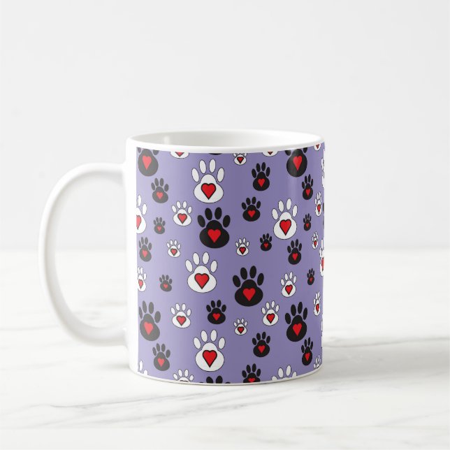 Mug Empreintes de pattes aux coeurs rouges sur bleu (Gauche)