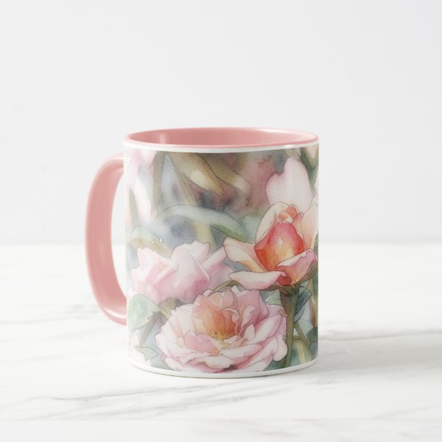 Mug en Art à l'aquarelle pastel avec roses roses (Devant gauche)