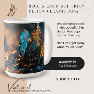 Mug en céramique à motif papillon bleu et or