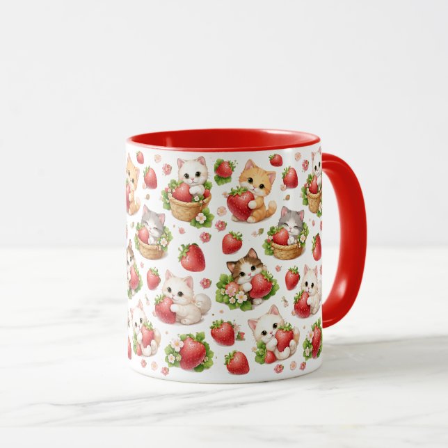 Mug en céramique Adorables Chatons et Fraises (Devant droit)