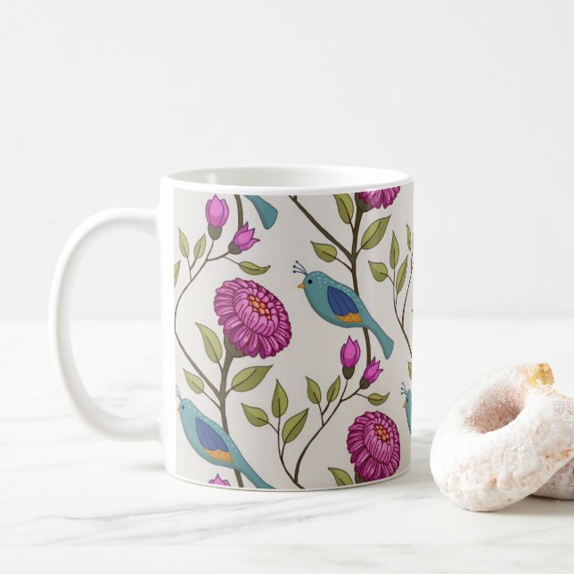 Mug en céramique avec impression d'oiseau et de fl (Avec donut)