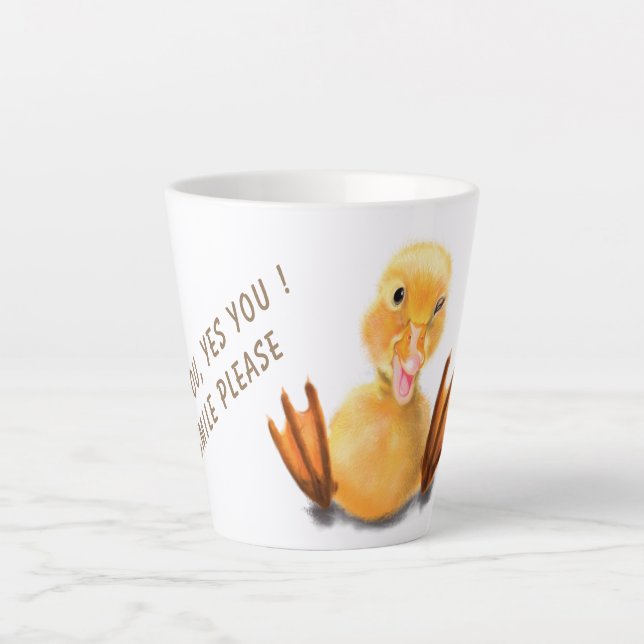 Mug en latte amusant avec un canard heureux - Text (Devant)