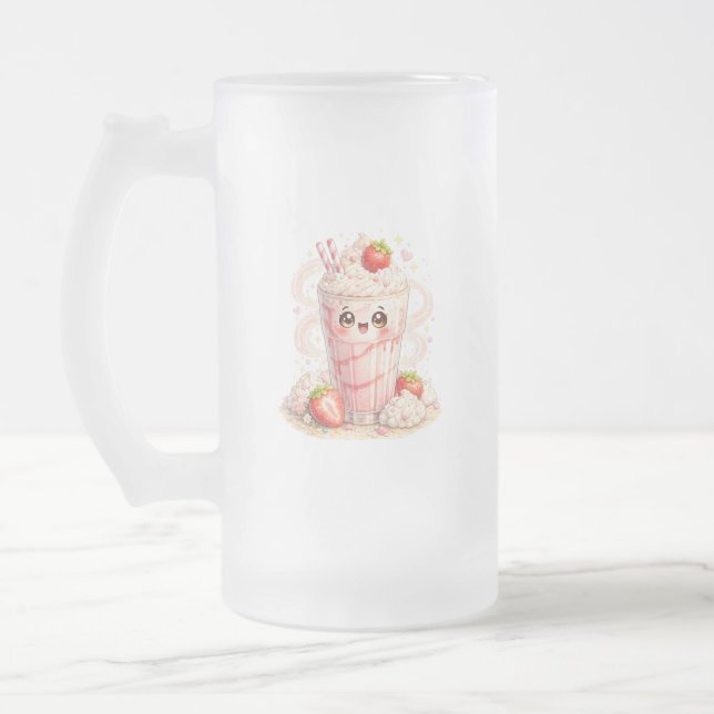 Mug en verre givré Kawaii Milkshake aux fraises (Gauche)