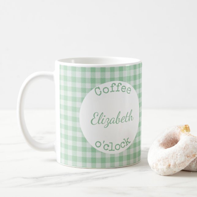 Mug En vichy en plaid vert et blanc avec nom (Avec donut)