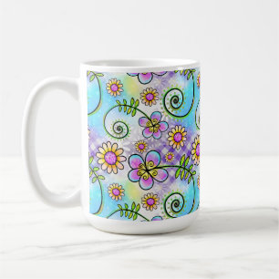Mug En vichy pourpre avec fleurs et vignes dessinées à
