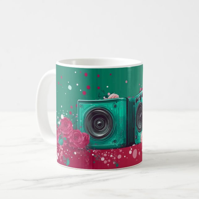 Mug Enceintes audio de style rétro entourées de roses (Devant gauche)