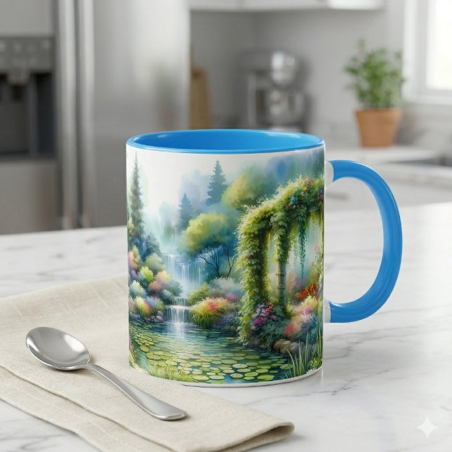 Mug Enchanted Waterfall Garden Lily Pond (Enchanted Waterfall Garden Lily Pond Mug On Marble Counter)
