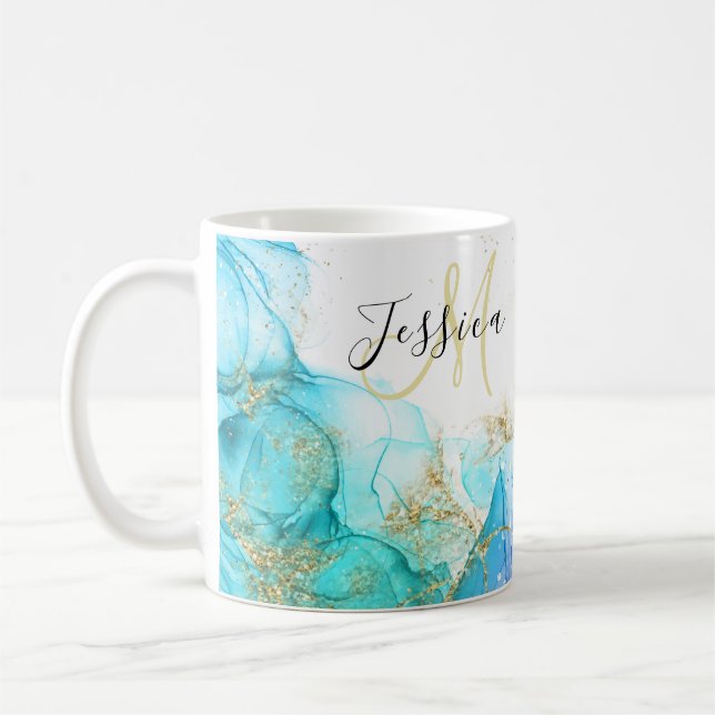 Mug Encre et nom d'alcool turquoise et or (Gauche)