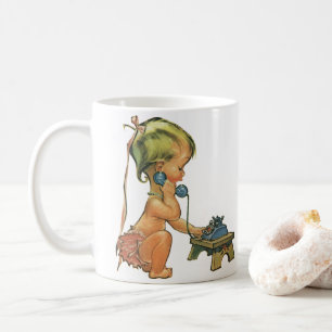 Mug Enfant Vintage Mignon Fille Blonde Parlant sur Tél
