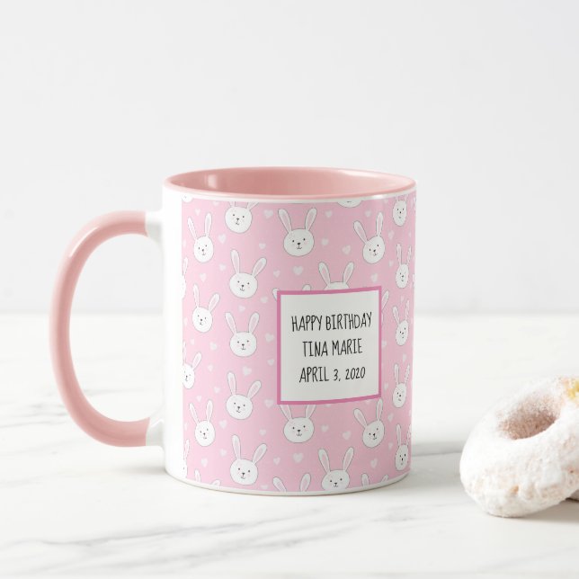 Mug Enfants adorable lapin lapin Pâques Coeurs roses (Avec donut)