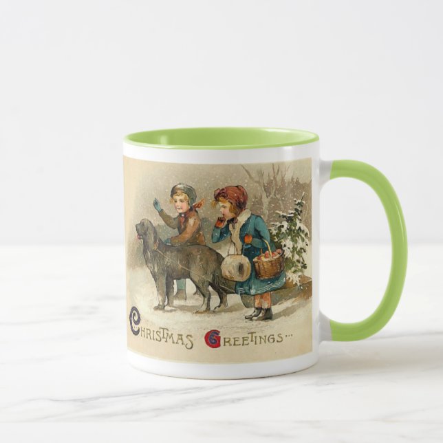 Mug Enfants avec un chien le jour de Noël (Droite)