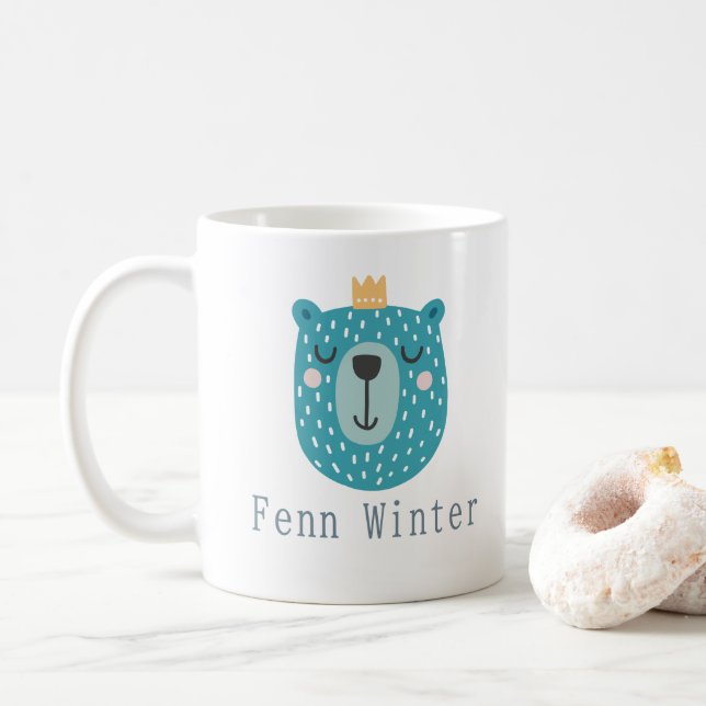 Mug Enfants Cute Ours Bleu Scandi avec couronne Nom pe (Avec donut)