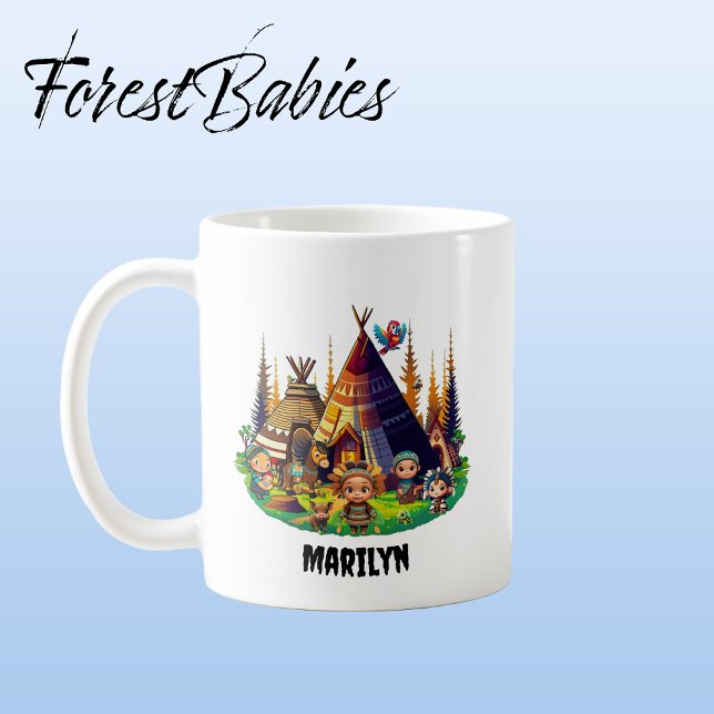 Mug Enfants indiens indigènes d'Amérique, Tipis & Anim (Indigenous Tribe 🏕 Customizable ForestBabies Mug)