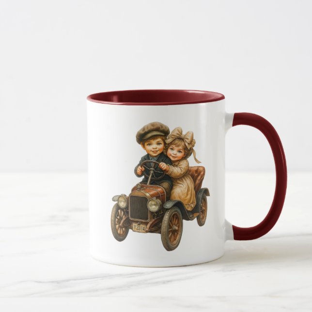 Mug enfants vintage en voiture ancienne souriants. (Droite)