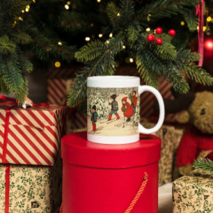 Mug Enfants vintage skiant à travers une forêt enneigé