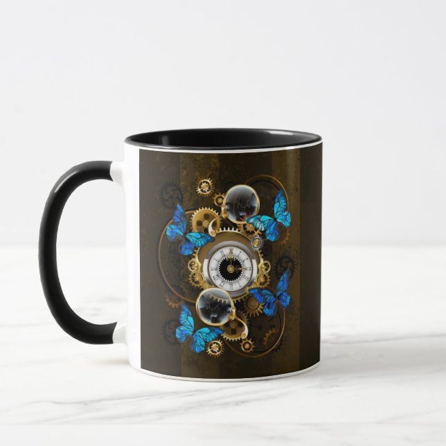 Mug Engrenages à vapeur et papillons bleus (Gauche)