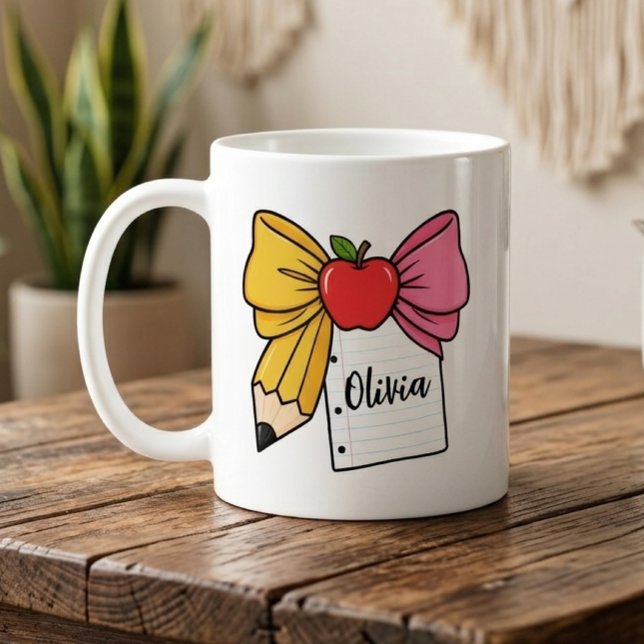 Mug Enseignant Arc Crayon Arc Rentrée Scolaire Nom Per (Teacher Bow Mug, Teacher Appreciation Mug, Back to School Teacher Mug, Teacher Graduation Mug)