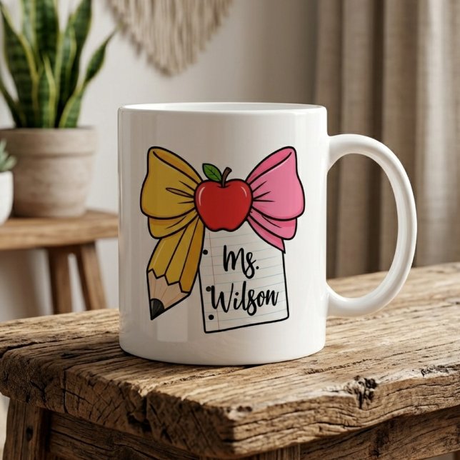 Mug Enseignant Arc Crayon Arc Rentrée Scolaire Personn (Teacher Bow Mug, Teacher Appreciation Mug, Back to School Teacher Mug, Teacher Graduation Mug)
