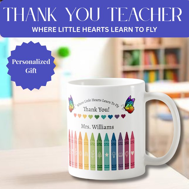 Mug Enseignant - Crayons Cœurs et Papillons  (Thank you Teacher Mug- Crayons Hearts and Butterflies  Coffee Mug )