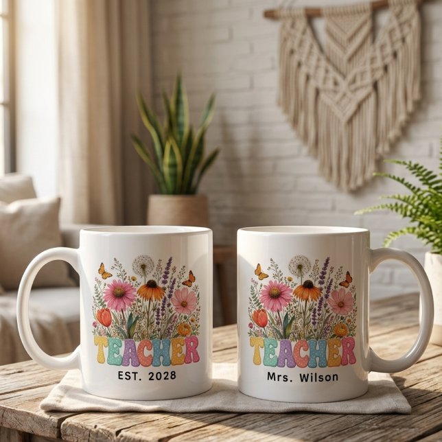 Mug Enseignant | Enseignant Floral Rétro Personnalisé  (Custom Name Retro Floral Teacher Mug | Gift to Kindergarten Teacher | Gift to Future Educator)