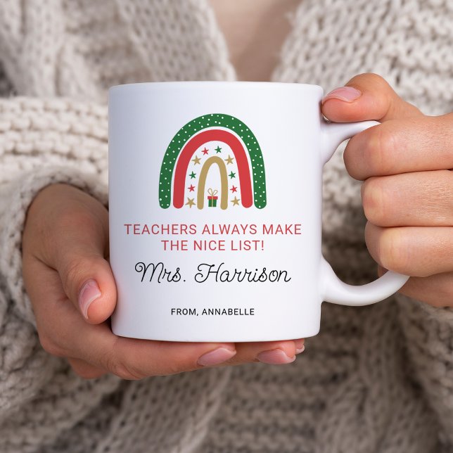 Mug Enseignants de Noël personnalisés Rainbow Nice Lis (Personalized Christmas Teachers Rainbow Nice List Coffee Mug)
