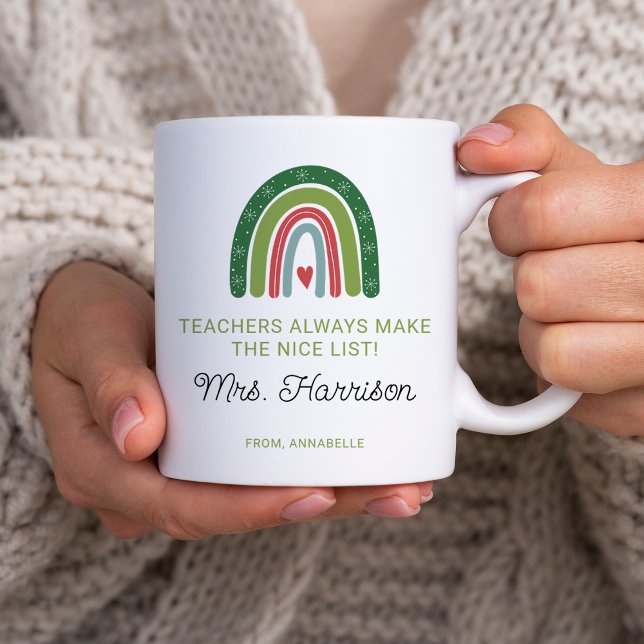 Mug Enseignants de Noël personnalisés Rainbow Nice Lis (Personalized Christmas Teachers Rainbow Nice List Coffee Mug)