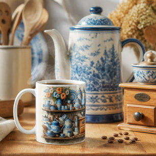 Mug Ensemble de café bleu de ferme vintage sur étagère