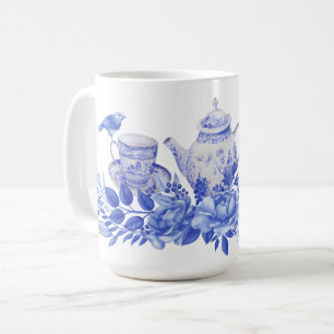 Mug Ensemble de thé bleu et blanc avec boue d'oiseaux
