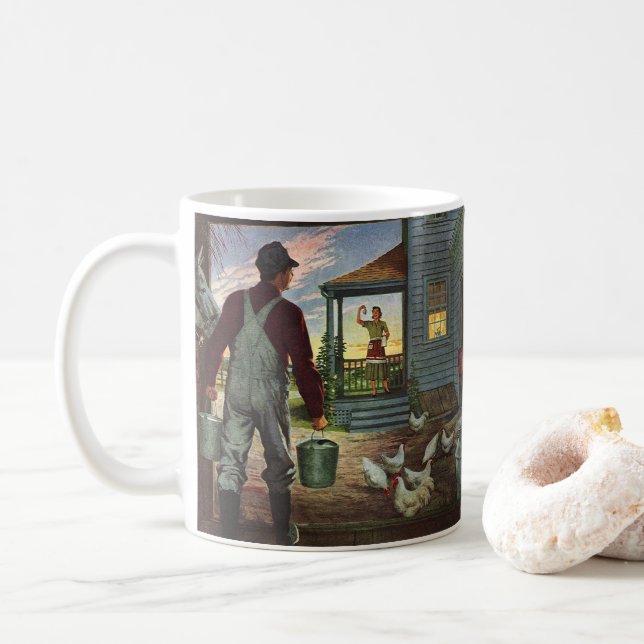 Mug Entreprise vintage, ferme avec fermier et poulet (Avec donut)