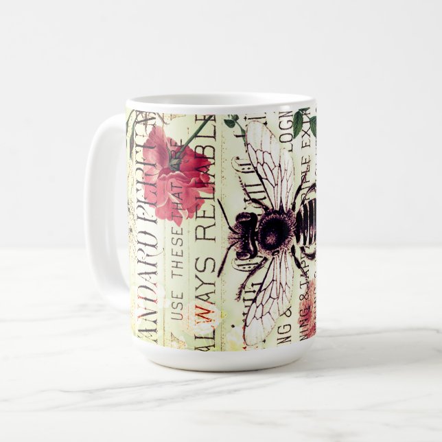Mug Ephémère du bouquet de roses d'abeilles vintages (Devant gauche)