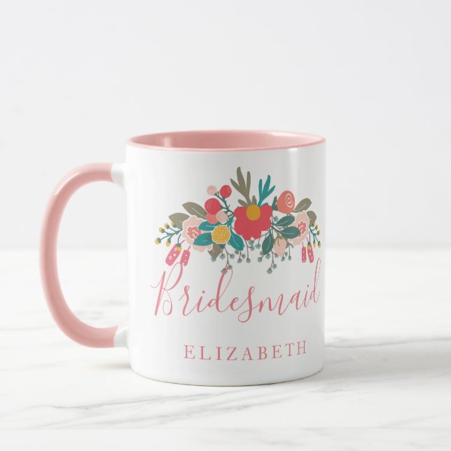 Mug Épouse avec nom Bouquet floral rose (Gauche)