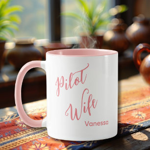 Mug Épouse de pilote écriture rose personnalisable