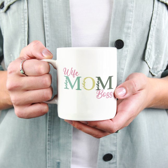 Mug Épouse Maman Patronne Mignonne Typographie Florale (Cute Mom Coffee Mug Wife Mom Boss Floral Design Gift for Her)