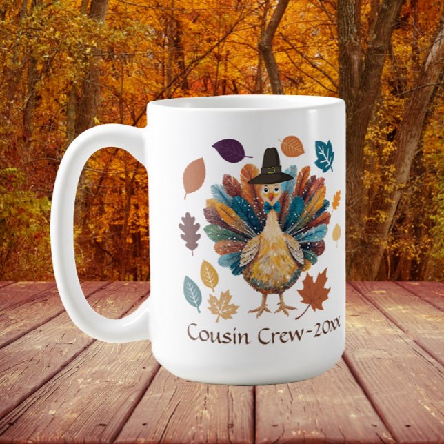Mug Équipage de Cousins Dindon de Thanksgiving Pèlerin (Turkey "cousin crew" mug for Thanksgiving family get togethers)