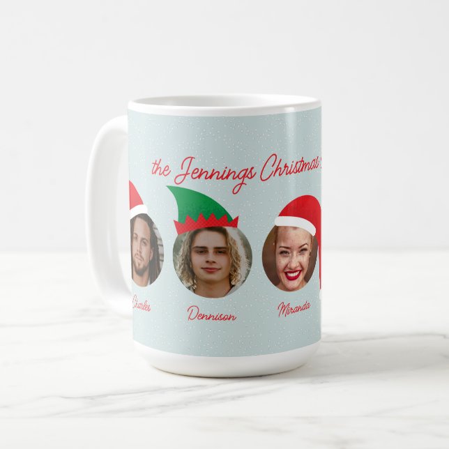 Mug Equipe de Noël bleu glace Père Noël Elf Casquettes (Devant gauche)