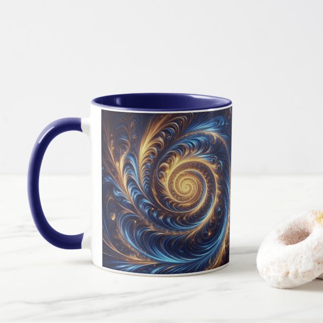 Mug Espace Abstrait moderne Royal Blue et Gold Swirls (Avec donut)