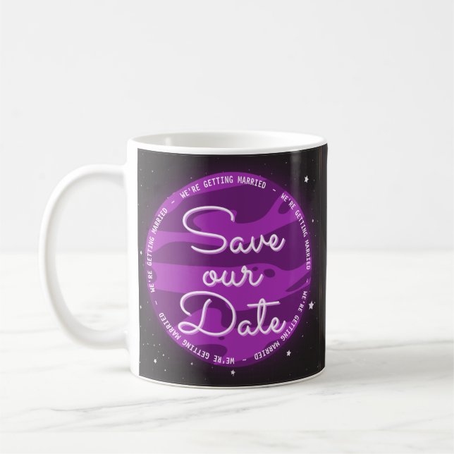 Mug Espace Planète Violet Thème Économisez Notre Date (Gauche)
