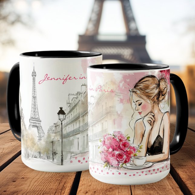 Mug Esquisse d'aquarelle de Paris avec Café pour femme (Watercolor Sketch of Paris City with Woman Coffee Mug)