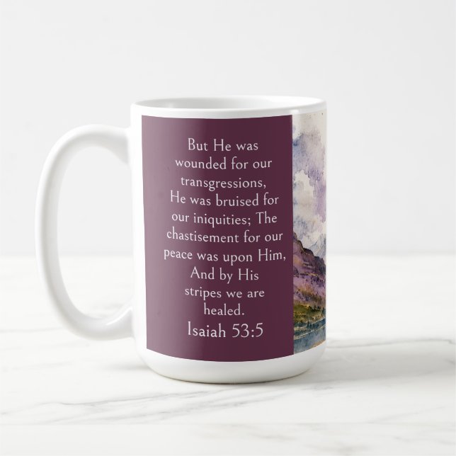 Mug esthétique des Highlands d'Écosse, Isaïe 53:5 Bibl (Gauche)