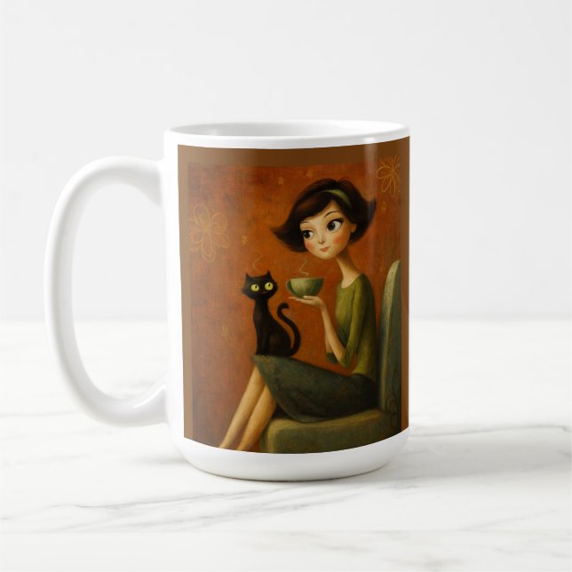 Mug Esthétique Rétro Cosy Matin Chat Noir (Gauche)