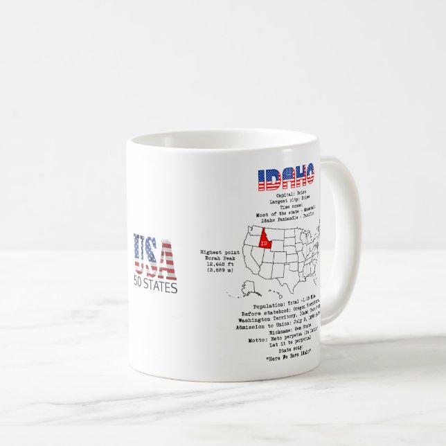 Mug État américain de l'Idaho sur une carte et des inf (Devant droit)