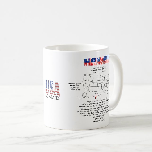 Mug État américain d'Hawaï sur une carte et des inform (Devant droit)