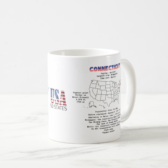 Mug État américain du Connecticut sur une carte et des (Devant droit)
