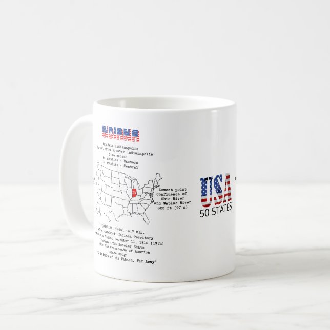 Mug État de l'Indiana American sur une carte et des in (Devant gauche)
