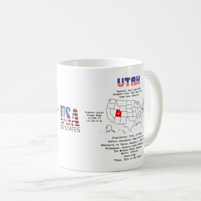 Mug Etat Utah Américain sur une carte et des informati (Devant droit)