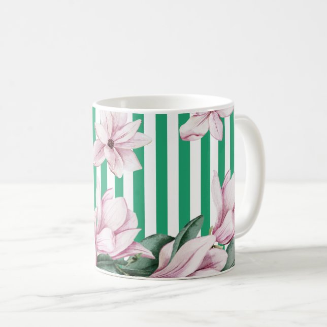Mug Été, printemps, imprimé magnolia rayé vert (Devant droit)