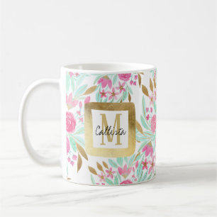 Mug Eté rose or Turquoise Aquarelle Fleurs Motif