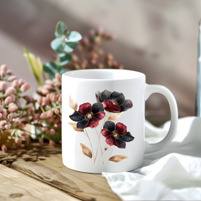 Mug Ethérée aquarelle or noir fleurs bordeaux (Ethereal watercolor gold black burgundy flowers coffee mug)