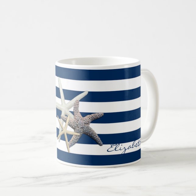 Mug Étoile de mer adorable, rayures bleu marine - Pers (Devant droit)