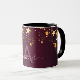 Mug étoiles d'or rose bordeaux goutte de script monogr